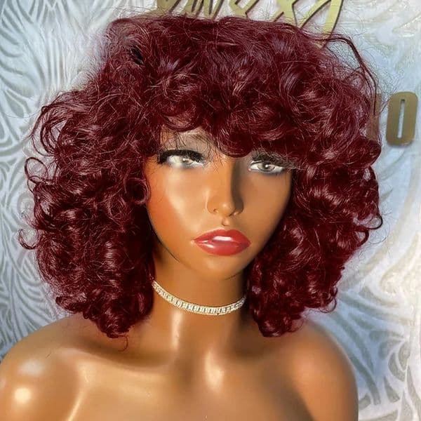 Designer woman Glueless Wig Short Curly Human Hair Wigs Ombre Bob: Jerry Curl Pixie Cut Wig With Bangs T1b/33 Curly