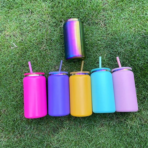 USA warehouse powder coated colored Rainbow underneath 16oz vacuum insulated stainless steel can cups with straw and lids for laser engrave