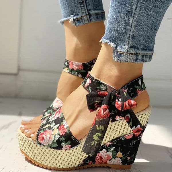 Heel Footwear Ladies Shoes Platform Floral Womens Lace-up Wedges Comfy Wedge Sandals For Women Dressy Sandals For Women 240619