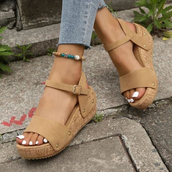 Mid Heel Buckle Strap Sandals Solid Casual 2024 Ladies Shoes Shallow Wedges Womens Sandals Sandalias De Mujer 240619