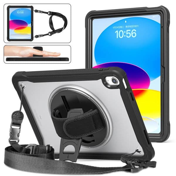 Case For Ipad 10th Gen 10. 9inch Heavy Duty Rugged Shockproof Tablet Cover with 360° Rotating Hand Strap Frosted Clear TPU + PC Hybrid Shockproof Kids Safe Case