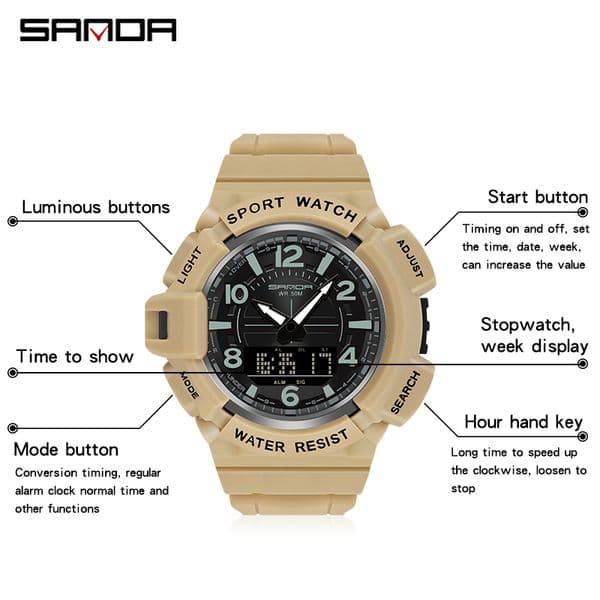 SAMDA New Sport Watches For Men 50M Waterproof Clock Alarm Dual Display Quartz Wristwatch Military Resisitant Mens Watch