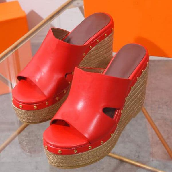 Luxury Thick Heel Lady Wedges Genuine Leather Sandals Straw Bottom Slide Summer Beach Sandal Classical Colourful Mule Cloud Soft Sliders Platform Favorite Slipper