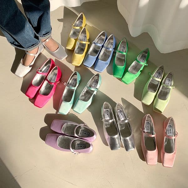2025 candy color silk mary janes shoes woman ankle strap glitter sier ballet flats square toe plaid loafers f 9df5