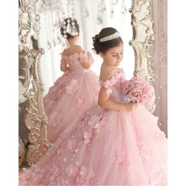 Princess Pink Flower Girl Dresses Elegant Off Shoulder Lace Appliques Hand Made Flowers Formal Kids Birthday Party Gowns Toddler Pageant Dress Bc18094 0621