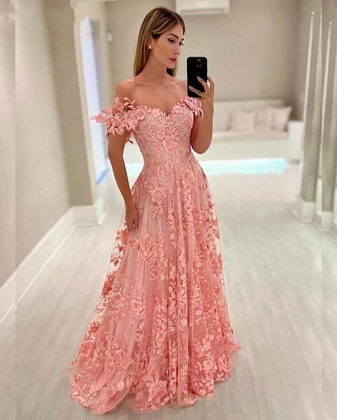 Pink Lace A-Line Prom Dresses Floor Length Off The Shoulder Elegant Long Evening Formal Dress For Women Appliques Sweetheart Corset Celebrity Party Gowns