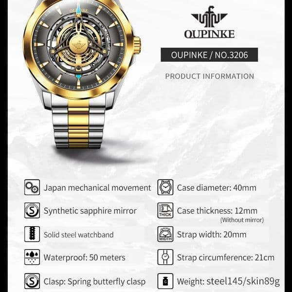 OUPINKE 3206 Japan Movement Automatic Watch for Men Sky Eye Series Luminous Waterproof Mechanical Men's Wrist watch Original