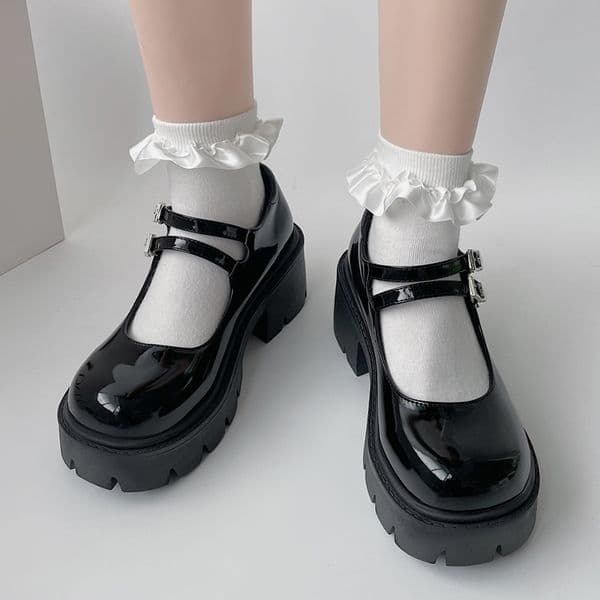 Rimocy Chunky Platform Mary Jane Shoes Women Heart Buckle Strap Thick Heels Pumps Woman Black Patent Leather Lolita Shoes Laides