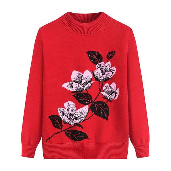 Print Retro Middle-Aged Elderly Women's Long-Sleeved Bottoming Shirt Autumn Winter Grandma Top Mother Knit Pullover Sweaters