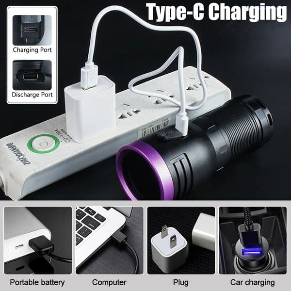 80W/60W High Power UV Flashlight Type-C Rechargeable Portable Waterproof 18650 UV Light Torch Wood's UV Flashlight
