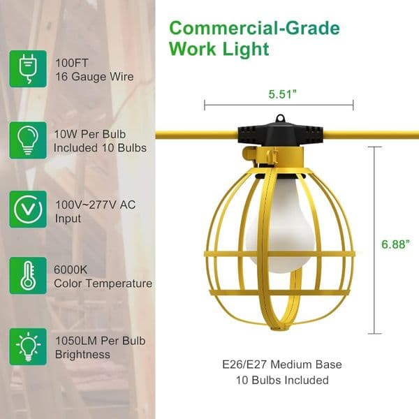 String Lights, 10 Medium Base Sockets, Linkable Jobsite Lights, Weatherproof Temporary Lighting Indoor&Outdoor100FT