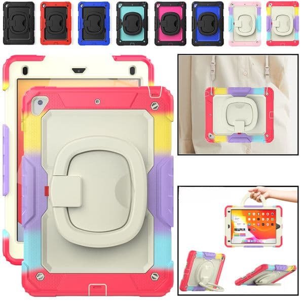 For iPad Cases 10th 10.9 Pro 11 Air4 Air5 7th 8th 9th 10.2 10.5 9.7 inch Handle Grip 360 Rotating Stand Tablet Cover Armor Shockproof Kids Safe Cases with Shoulder Strap