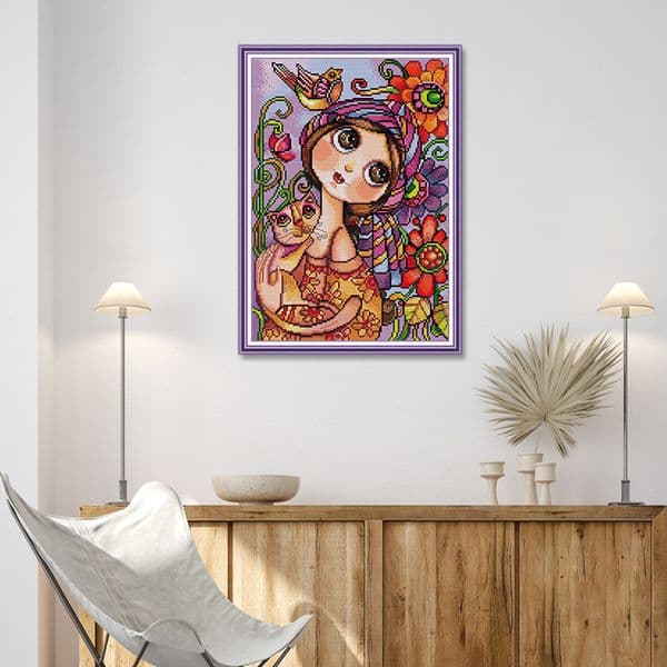 Joy Sunday Big-eyed Girl Cross Stitch Sit DMC Embroidery Thread 14CT 11CT White Canvas Fabric Needlework Set DIY Home Decor