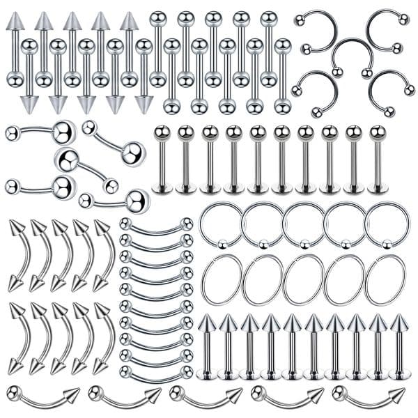 85PCS Surgical Steel Body Piercing Jewelry Lot Bulk Nose Ring Tongue Bar Lot Eyebrow Labret Piercing Set Horseshoe Ring Lot Pack