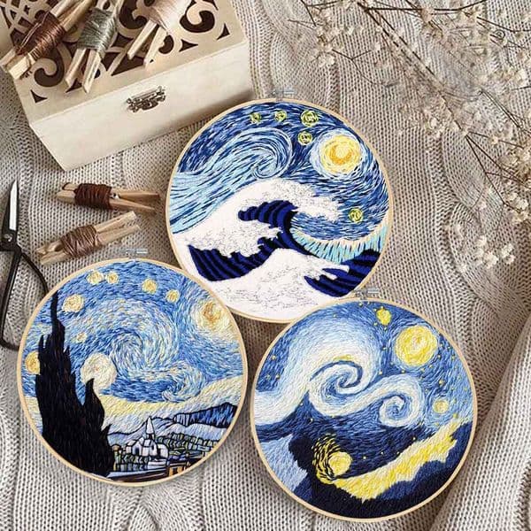 DIY Stamped Embroidery Starter Kit with Landscape Pattern Cloth Color Threads Tools HoopSewing Art Craft Christmas Home Decor