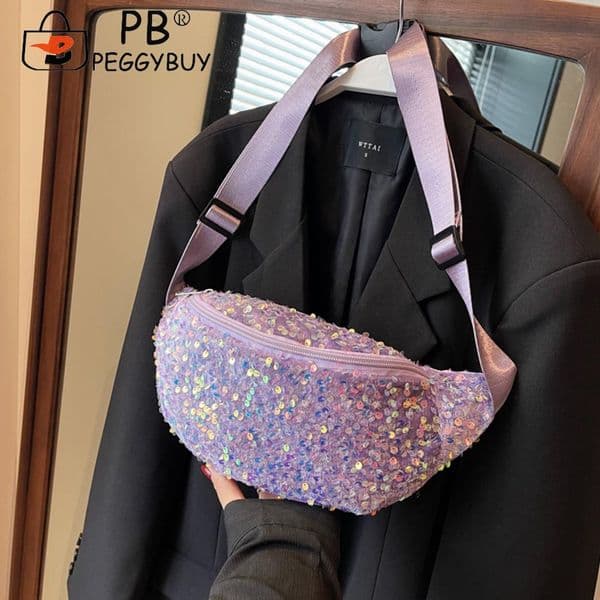 Women Trendy Crossbody Bag PU Leather Sequin Casual Sling Bag Adjustable Strap Shining for Travel Shopping