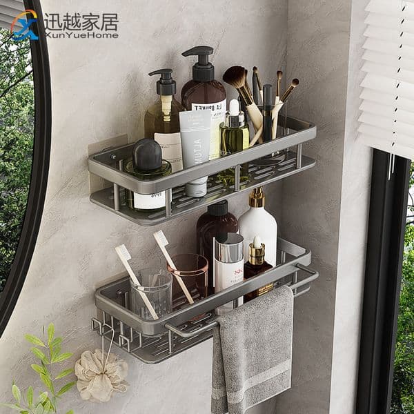Designer Bathroom Shelf Shower Shampoo Holder Gray Aluminum Storage Cosmetic Basket Wall h Self-Adhesive Organizer Rack Household Accessory Free Shipping 1 thumbnail 2