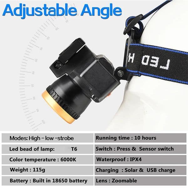 Solar Charging Head Lamp USB Rechargeable Headlight Waterproof Headlamp Ultra Bright Head Light High Lumen Head Front Light 33d5e