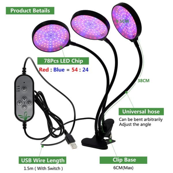 LED Grow Light with 360 Degrees Flexible Clip USB Power Supply Desktop LED Plant Growth Light.