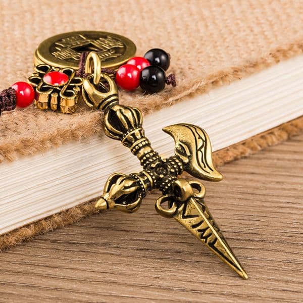 Brass Vajra Car Keychain Pendant Five Emperors Money Bag Pendant Hand Woven Hangings Jewelry Handmade Copper Lanyard Keyrings
