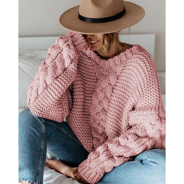 Pullovers Europe Winter Hot Style Pure Color v-neck Twist Loose Sweater Knit Sweaters Women Fashion F6.22#43 ddmymarket