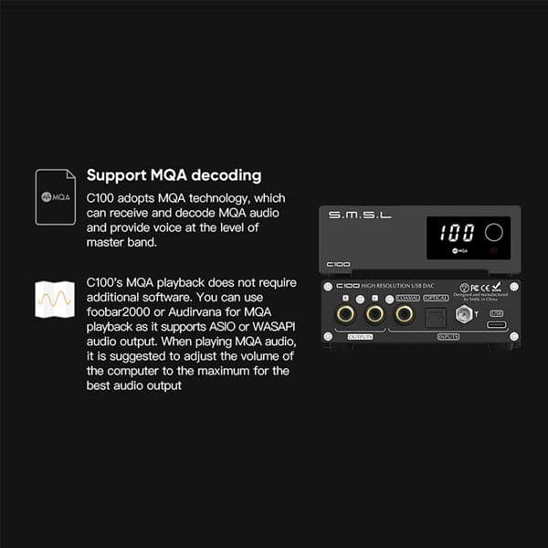 SMSL C100 Bluetooth MQA USB C DAC AK4493S XMOS XU316 DSD512 32Bit 768KHZ CK-03 Clock Optical Coaxial Decoder with Remote Control