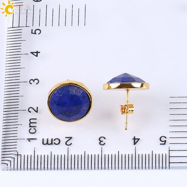 CSJA Femme Gold Color Round Stud Earrings Natural Gem Stone Green Black Red Earring Lapis Lazuli Pink Crystal Beads Jewelry E597