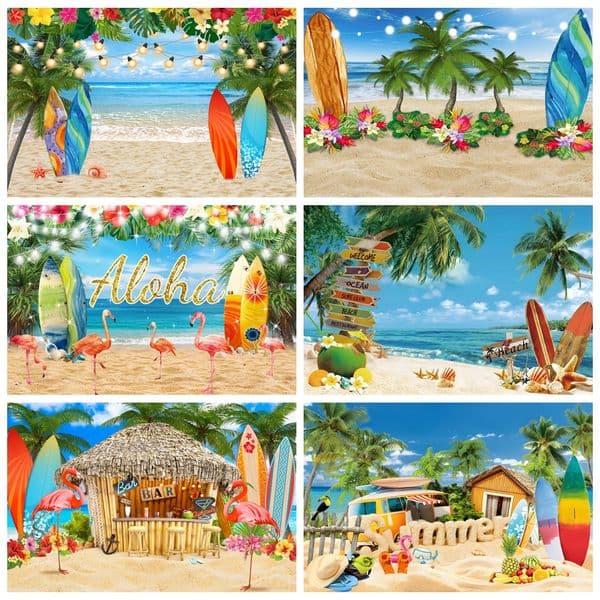 Summer Hawaii Photography Backdrop Hawaiian Seaside Aloha Surfboard Ocean Palm Flamingo Flowers Birthday Decor Photo Background