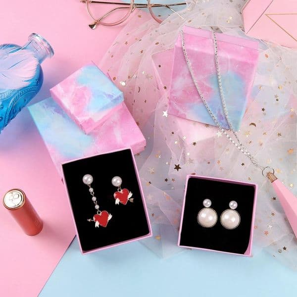 40%HOT Marble Print Gift Jewelry Box Ring Earrings Sponge Storage Container Package Bag