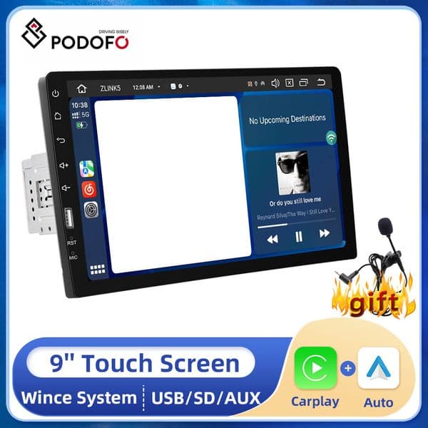 Podofo 1din 9'' Car Stereo Radio Carplay Android Auto Car MP5 Player Bluetooth FM USB For Universal Support Rear Camera