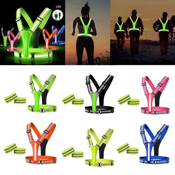 Adjustable LED Reflective Vest Vest Double Side LED Strips Glowing Reflector Straps for Runner Outdoor Cycling Sports