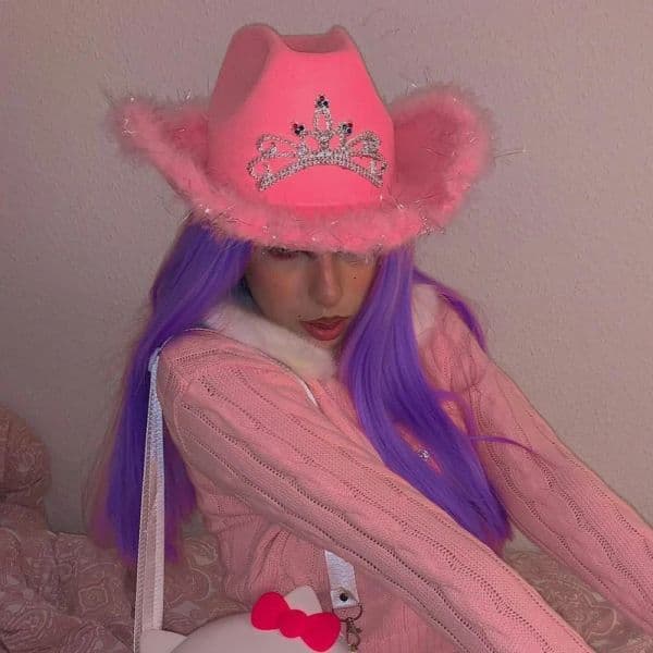 Western Style Pink Tiara Cowgirl Hats for Women Girl Rolled Fedora Caps Feather Edge Beach Cowboy Hat Sequin Western Party Cap