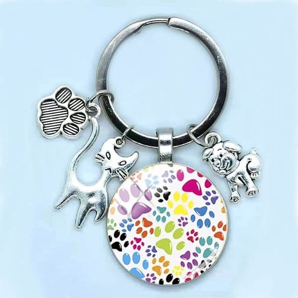 Fashionable Cute Animal Paw Print Keychain For Cats And Dogs I Love Glass Pendant Mini Heart Keyring Car Key Men And Girls Favor