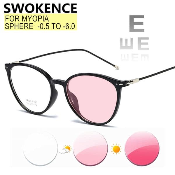 SWOKENCE Photochromic Myopia Glasses Prescription -1.0 to -6.0 Men Women Fashion Short Sighted Spectacles Discolored F044