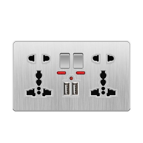 Silver Brushed PC UK Wall Sockets Single Double USB Outlets with Switch 3Pin 6Pin 10Pin Universal Socket