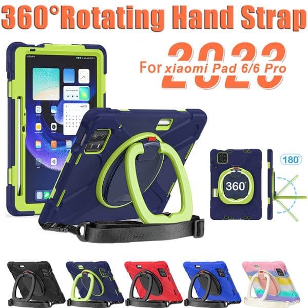 Tablet Case For Xiaomi MiPad 5 Mi Pad 6 Pro 11 inch Heavy Duty Rugged 360 Rotation Handle Pull Ring Kickstand Armor Cover Bulit in Pencil Holder with Shoulder Strap