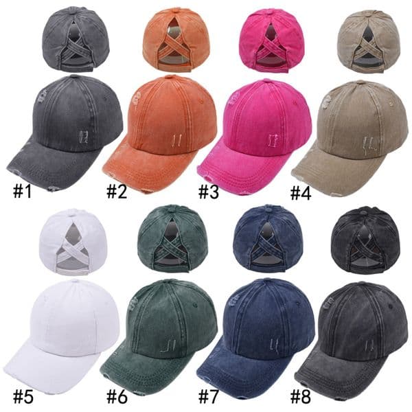 Criss Cross Hat Womens Baseball Cap Distressed Ponytail Messy Bun Trucker Ponycap In Solid Color