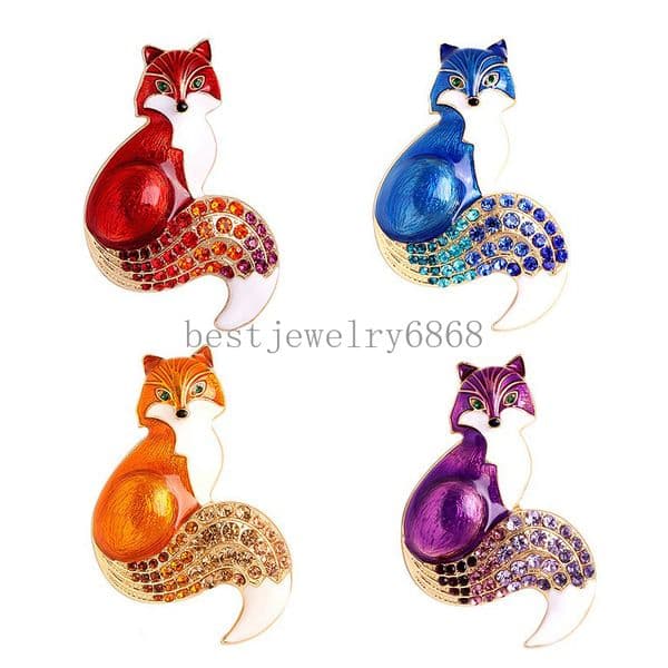 New Rhinestone Enamel Fox Brooches For Women Men Clothes Crystal Lovely Animal Brooch Badge Pin New Year Jewelry Gift