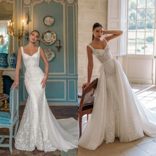 Vintage Mermaid Wedding Dresses V Neck Spaghetti Strap Sleeveless Backless Bridal Gown Sequins Detachable Train Dress Custom Made