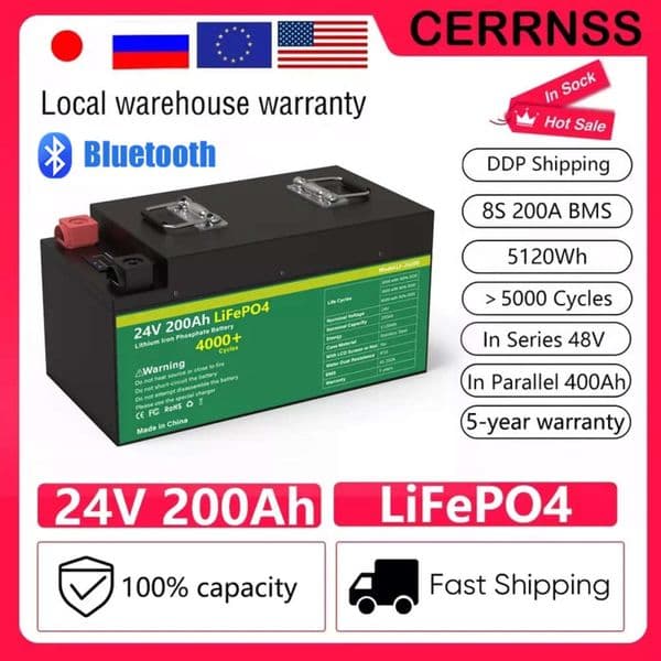LiFePO4 24V 100AH 200AH 300AH Battery Pack 29.2V Lithium Solar Battery Grand A Cells Built-in BMS 5000+ Cycle For RV Boat NO TAX