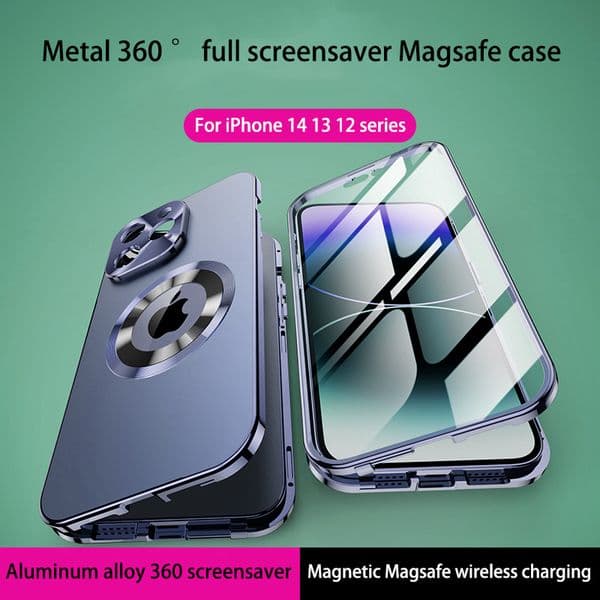 For iPhone 15 12 13 14 Pro Max Case 360° Full screen Lens Metal Magnetic Magsafe Cases Aluminum alloy HD Glass protective cover