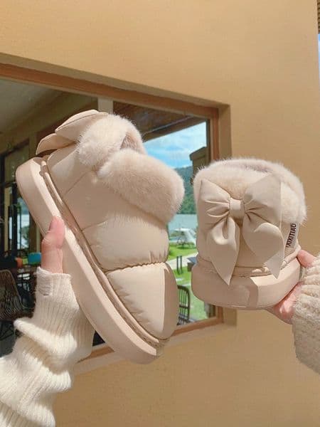 Bow Knot Short Ankle Snow Boots Women Winter Plush And Thick Insulation Waterproof PU Cotton Household Shoes Home Slipper Women 240629