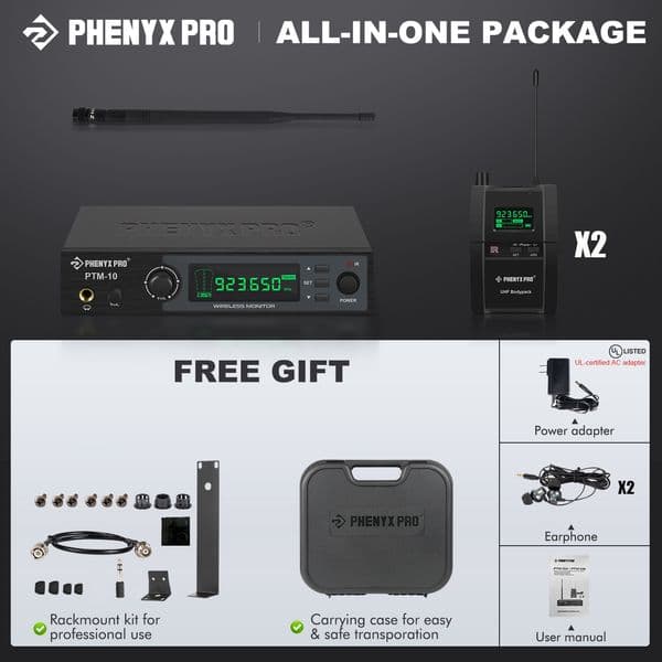 Phenyx Pro Stereo in Ear Monitor System Receivers Selectable Frequency Rack Mountable for Stage Stereo Personal Monitoring900Mhz