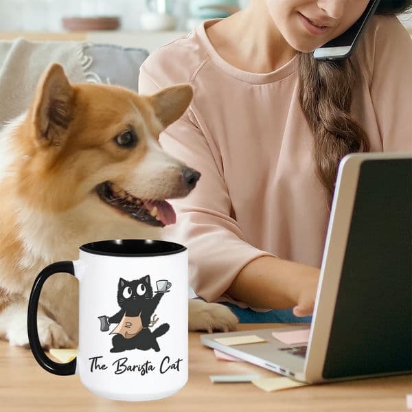15 Oz The Barista Cat Ceramics Mug Funny Office Hot Cocoa Cup Novelty Drinkware for Friend Coworker Humor Tea Water Mugs Gift