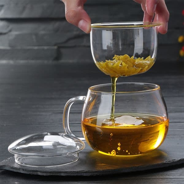 350ml Glass Tea Infuser Cup With Transparent Filter Handle and Lid Heat-resistant Flower Teacup Office Tea Mug Drinkware
