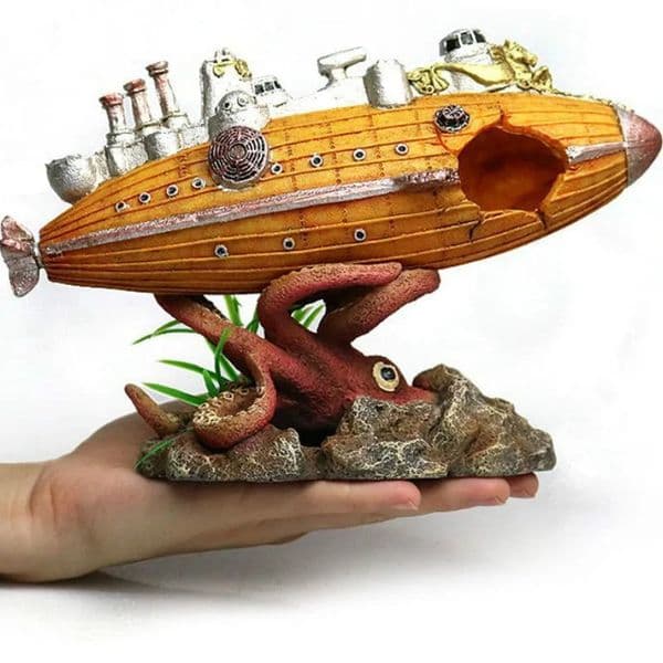 1PC Aquarium Landscaping Sunken Ship Octopus Airship Warship Rockery Decoration Submarine Shelter 240624