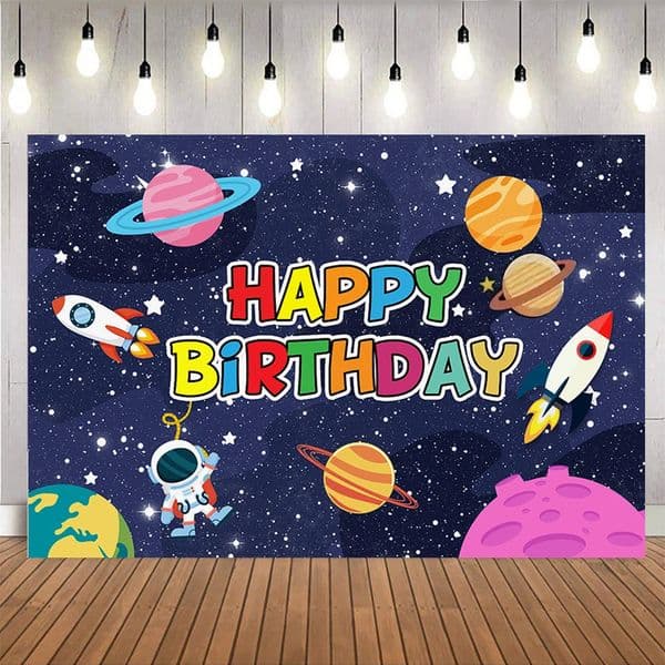 Outer Space Theme Happy Birthday Backdrop Universe Planet Galaxy Spacecraft Astronaut Blast Off Rocket Decor Supplies
