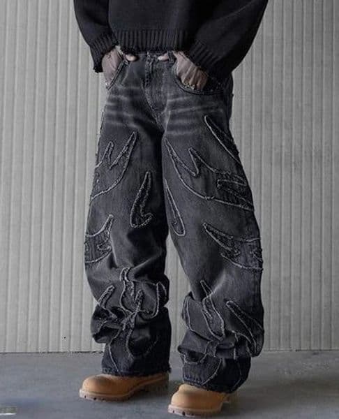 Baggy Jeans for Men Y2k Hip Hop Distressed Retro Black Pants Oversized Embroidery Harajuku Gothic Wide Leg Trousers Streetwear 240619 H260306