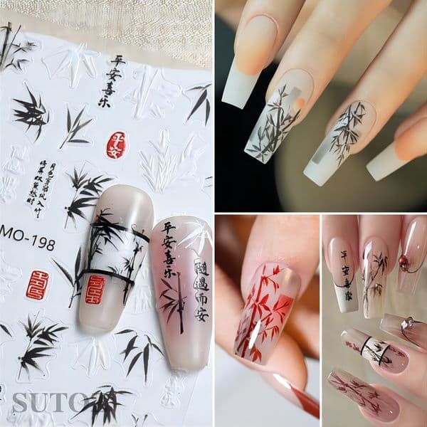 3D Bamboo Leaf Nails Stickers Chinoiserie Ink and Red Bamboo Relief Design Nail Decals New Chinese Style Manicure Decor LEMO-198