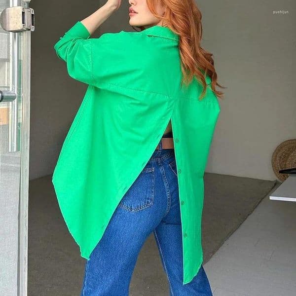 Women's Blouses Spring Autumn With Back Split Asymmetry Loose Shirt Tops 2024 Office Lady Casual Button Woman Long Sleeve Top